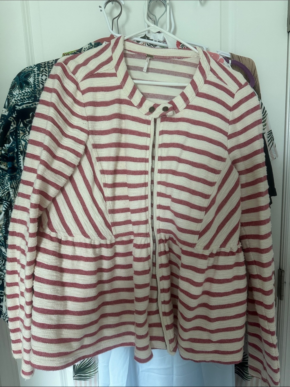 Free People Cream and Dusty Pink Striped Zip Front Jacket